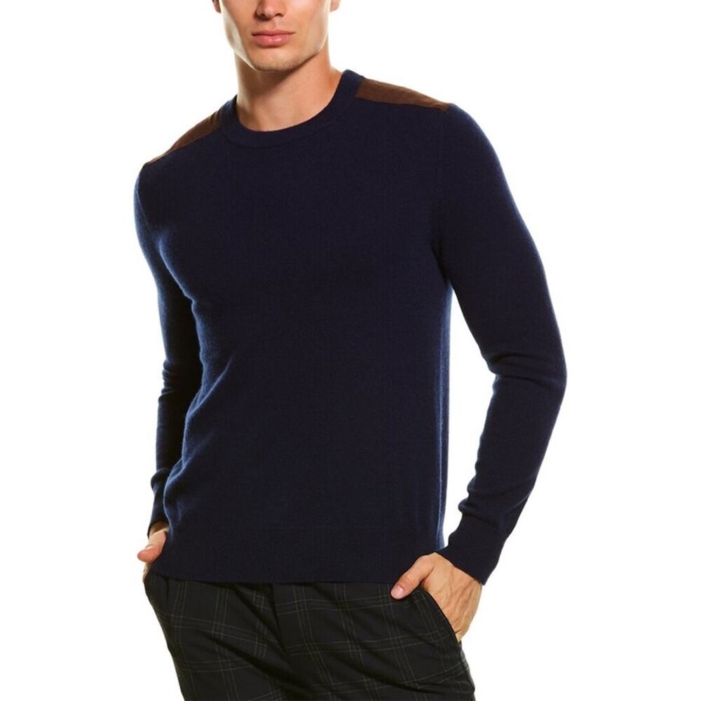 Amicale Men's Cashmere Crewneck Sweater Navy Blue Suede Shoulder Panels Size M‎